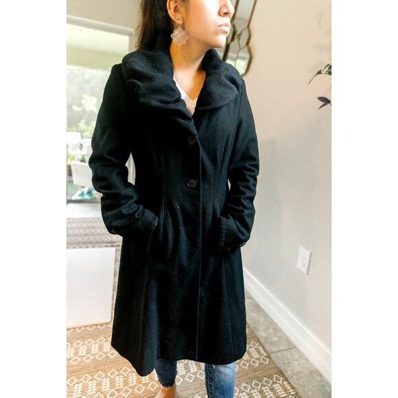 Express wool blend car coat long Jacket Trench Ruffle Collar Cinched Back SZ M - Picture 1 of 8